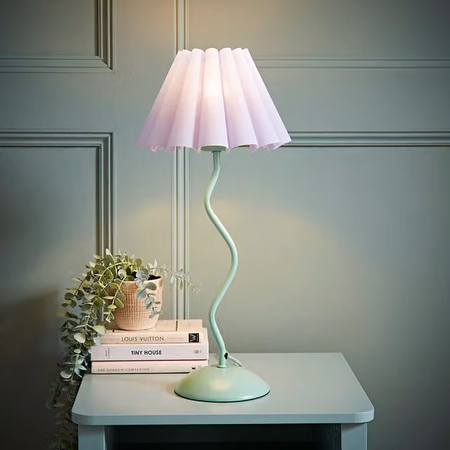 Wiggle Pastel Metal Table Lamp with Lilac Pleated Tapered Shade and LED Bulb in Green