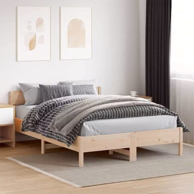 Berkfield Home Beautiful Solid Wood Bed Frame in Beige, W/D/H: 155.5 x 155.5 x 71.5 cm, King Size 150 x 200 cm – 1