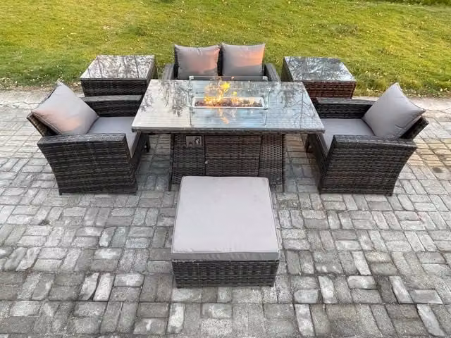 Fimous 5 Seater Outdoor Rattan Garden Furniture Set with Gas Firepit Dining Table and 2 Side Tables in Dark Grey