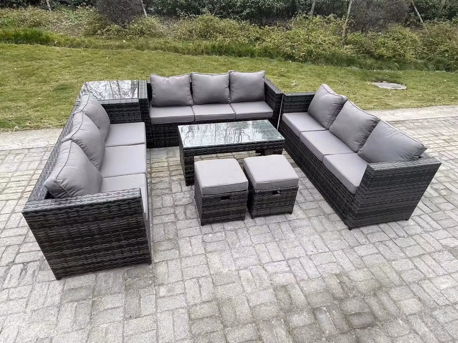 Fimous Dark Grey Rattan Garden Furniture Lounge Sofa Set with Oblong Rectangular Coffee Table – 2