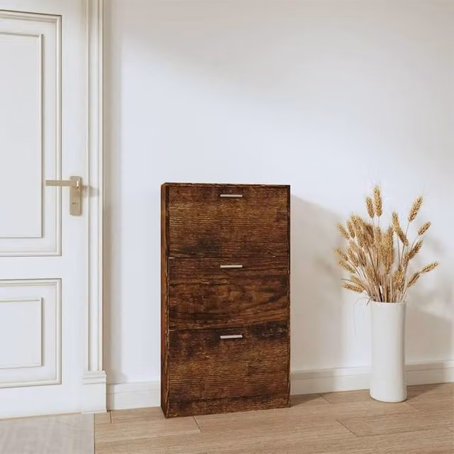Berkfield Home Smoked Oak Shoe Cabinet in Brown, W/D/H: 59 x 17 x 108 cm