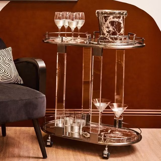 Orsina Mid-Century Two-Tier Drinks Trolley with Gold Metal Frame and Glass Shelves in Black and White