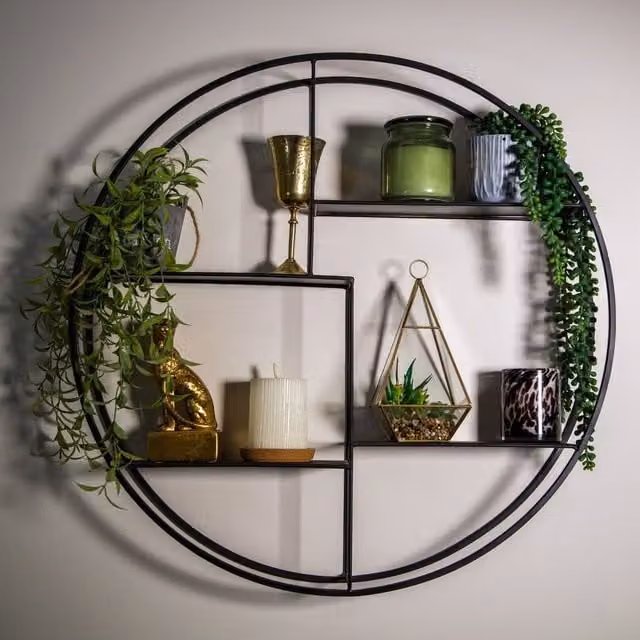 Madison & Mayfair Modern Matt Black Metal Round Wall-Mounted Shelf Unit W/D/H: 70 x 12 x 70 cm
