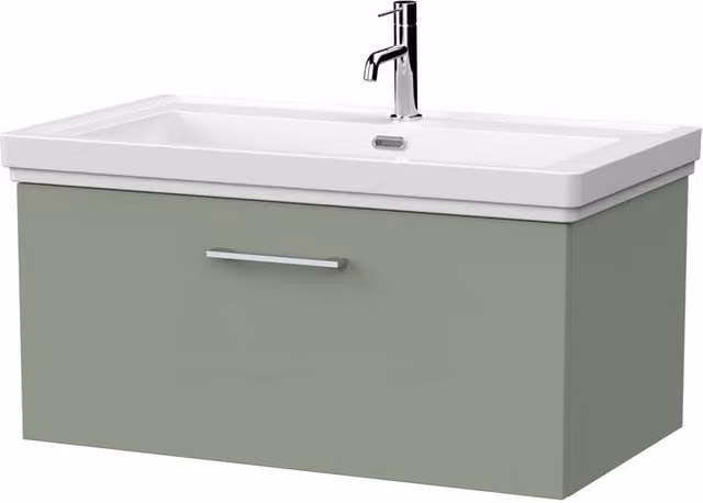Balterley Pershall Modern Wall Mounted 1 Drawer Vanity Unit and Fireclay Basin in Reed Green, Width: 80 cm