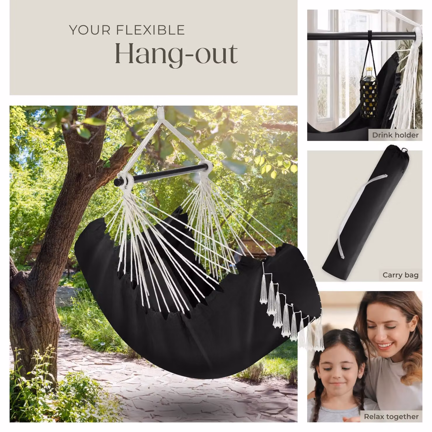 tectake Malika Boho Style Hanging Chair with Stand in Black – 7
