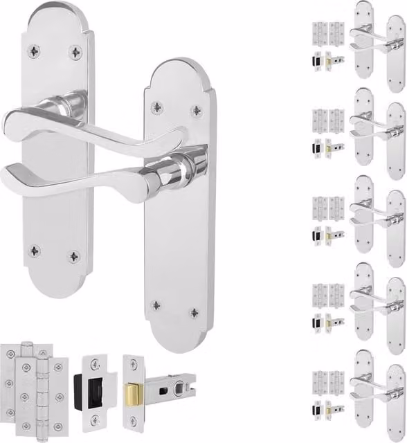 AFIT Polished Chrome Door Handles Latch Set, 6 Pairs in Silver, W/D/H: 15 x 15 cm