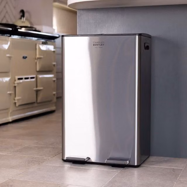 Charles Bentley Silver Stainless Steel Double Compartment Pedal Kitchen Bin with Soft Close and Removable Inner Buckets, 60L