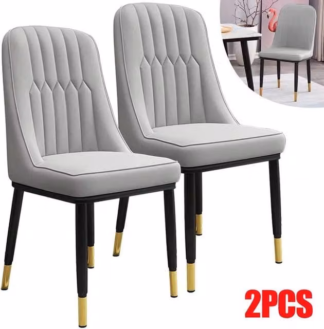 SPETLEK Set of 2 Grey PU Leather Dining Chairs with Padded Seats and Metal Legs – 1