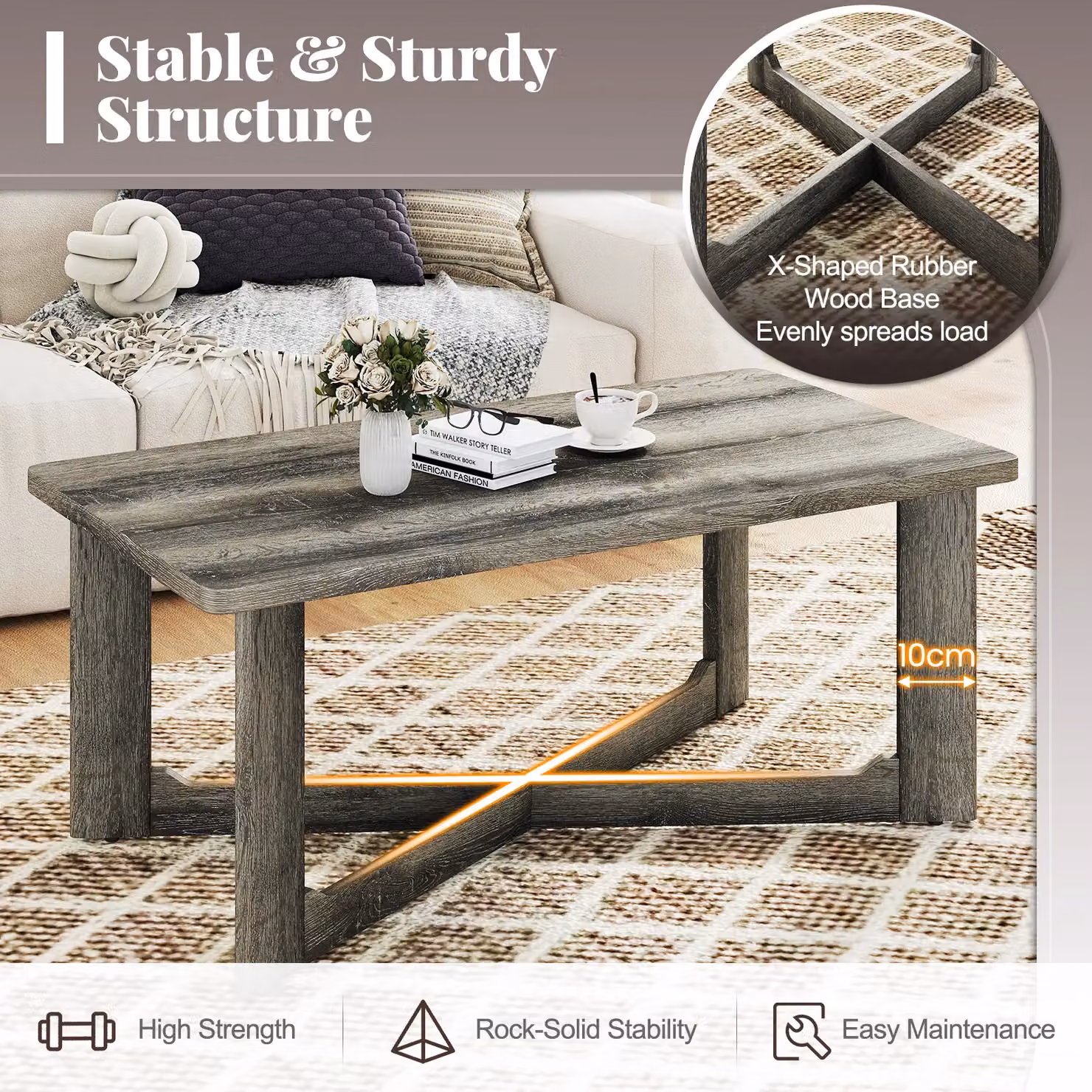 Costway Rectangular Coffee Table in Grey with Rustic Rubberwood Finish – 5