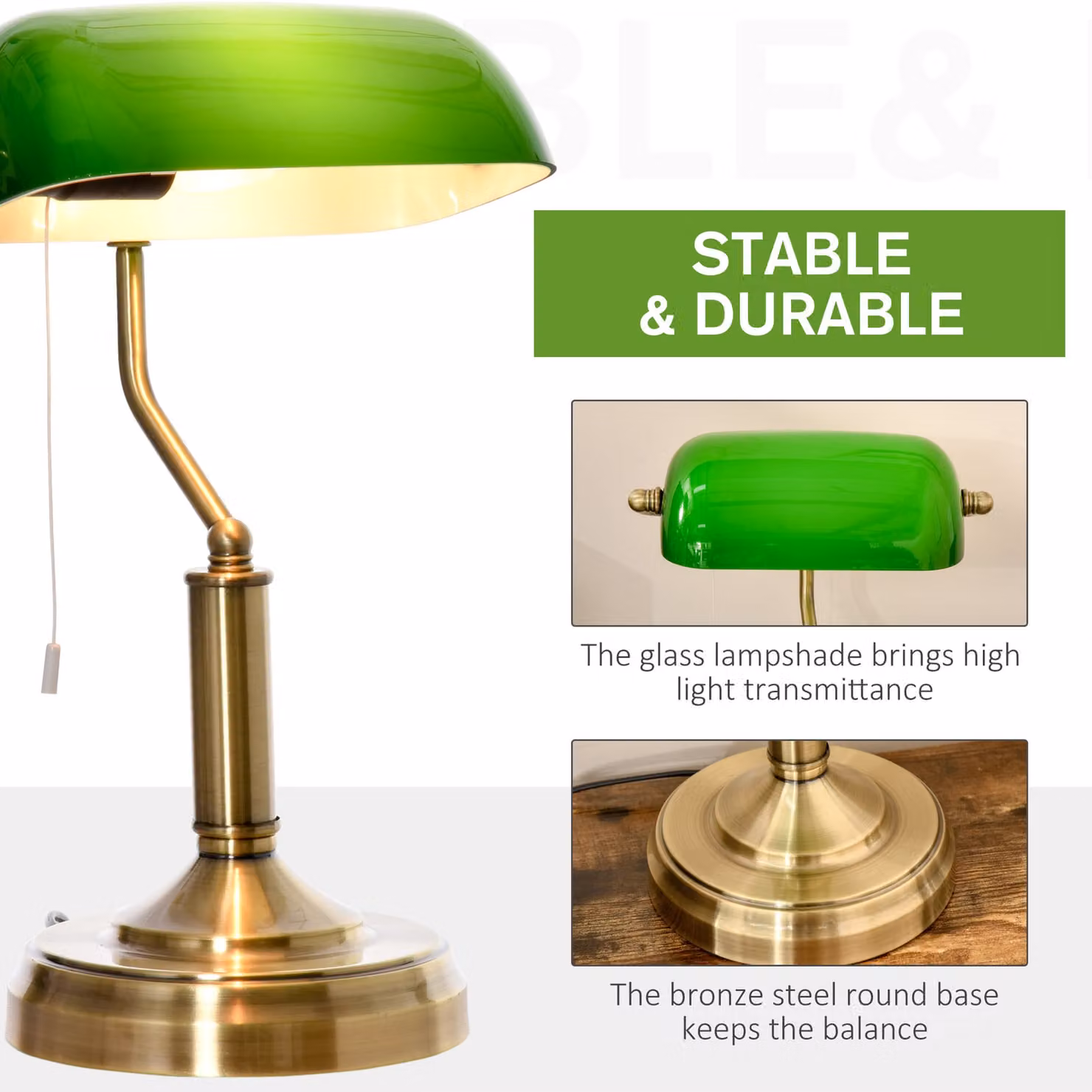 HOMCOM Vintage Table Lamp with Antique Bronze Base and Green Glass Shade for Bedroom or Home Office – 4