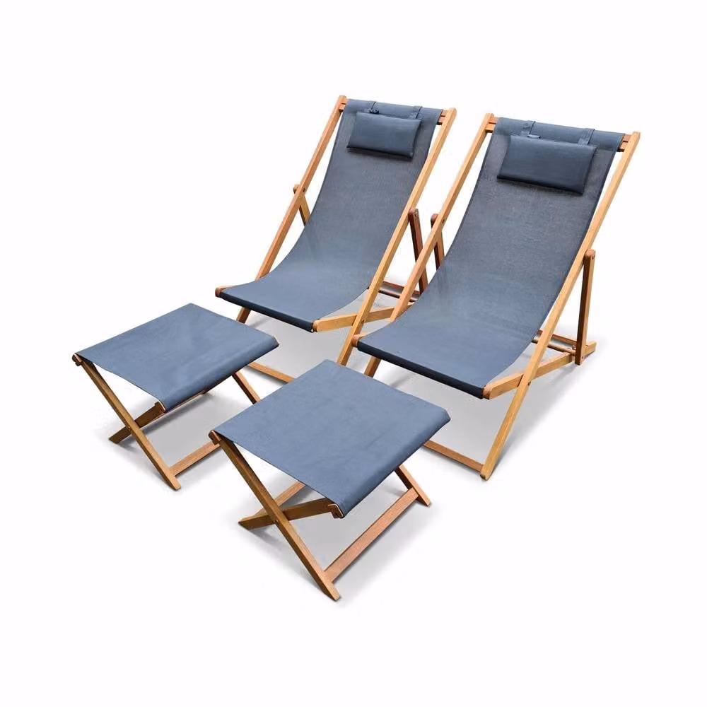 sweeek Pair of Dark Grey Wooden Deckchairs with Footrests and Adjustable Headrests – 2