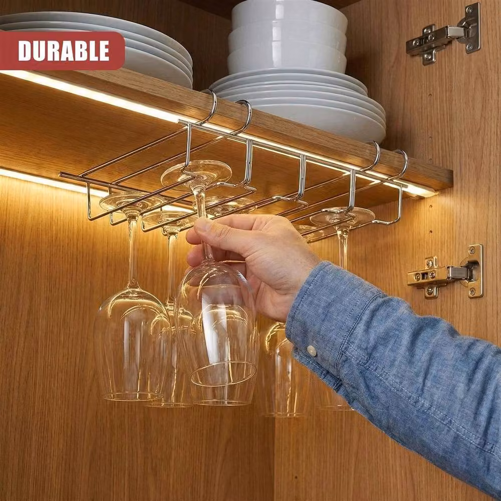PAWNORA Silver Stainless Steel Under Shelf Hanging Wine Glass Holder – 4