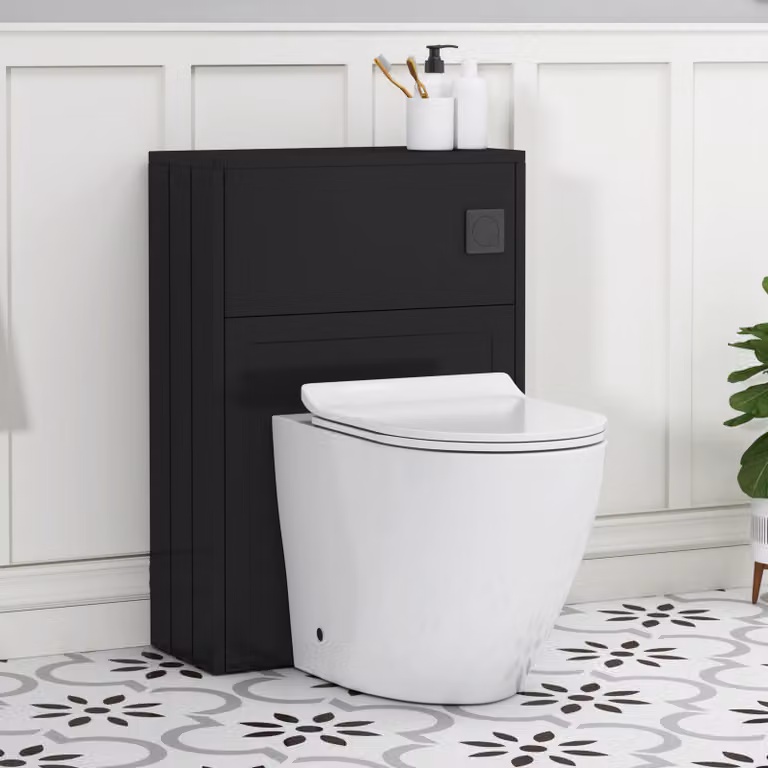 Royal Bathrooms Elmore Wall Mounted WC Unit in Matte Nocturne Black with Elva Rimless Ceramic Toilet Pan, Slim Soft Close Seat and Cistern, Width: 55 cm