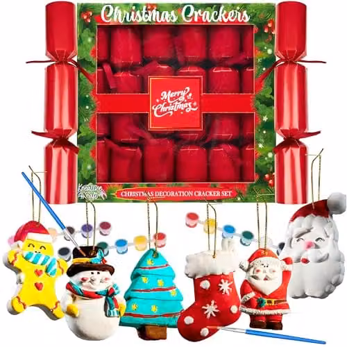 KreativeKraft Luxury Christmas Crackers Pack of 6 with Paint Your Own Tree Decorations in Red and Multicolour – 1