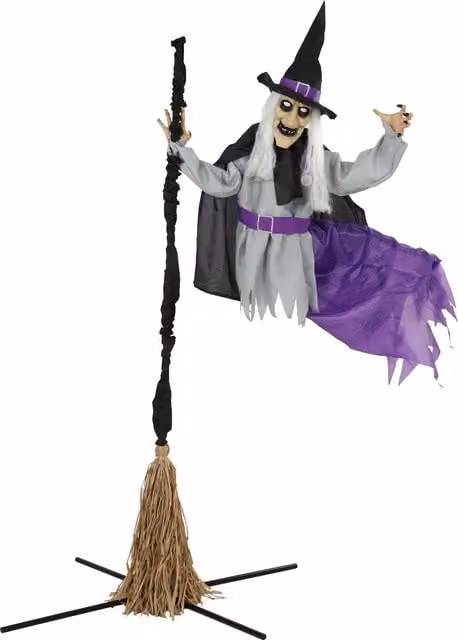 HOMCOM 200cm Life Size Animated Flying Witch Halloween Decoration for Indoor and Outdoor Use in Multicolour