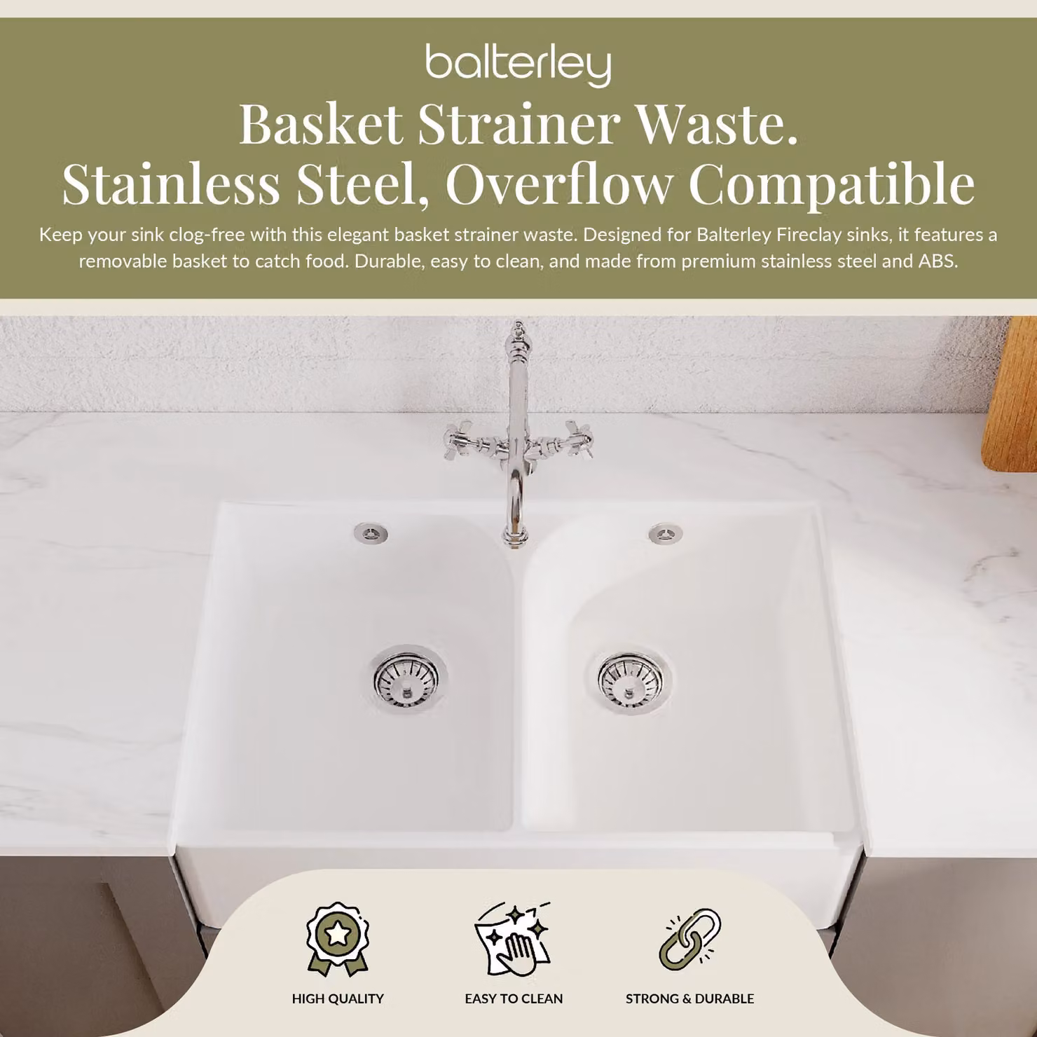 Balterley Fireclay Kitchen Sink Strainer Waste with Overflow in Chrome Silver, 90mm – 2