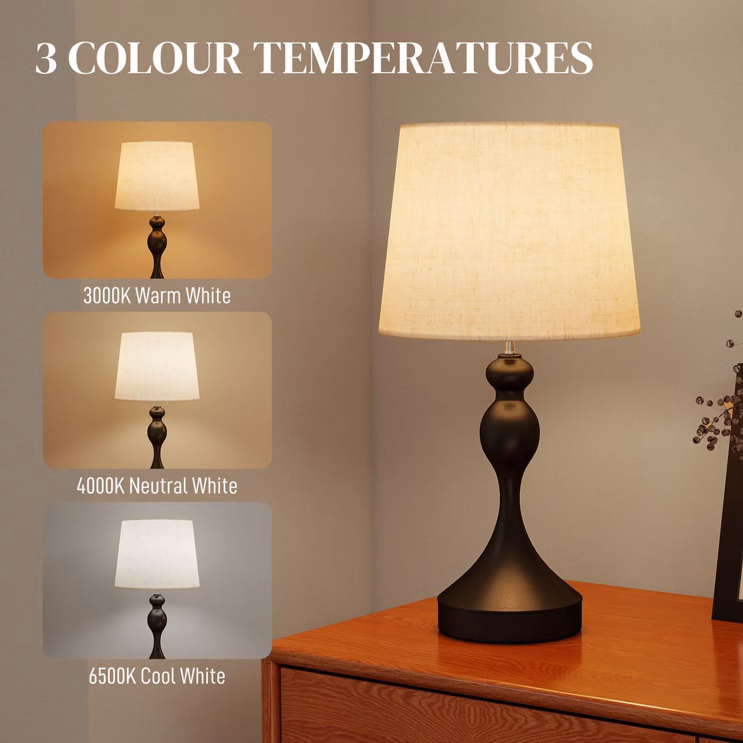 HOMCOM Set of Two LED Table Lamps with USB Ports in Black and Beige – 4