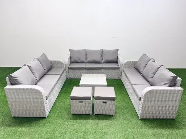 Fimous 11 Seater PE Rattan Outdoor Garden Furniture Set in Light Grey with 3 Seater Sofa, Square Coffee Table and Ottomans