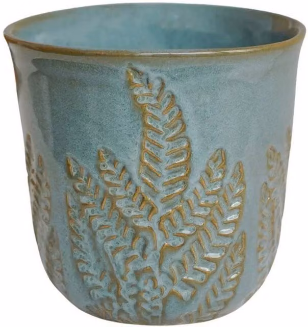 Lemon Pavilion Furniture and Decor Kew Embossed Fern Ceramic Tabletop Planter, Petrol, W: 22.5 cm, D: 22.5 cm, H: 21.5 cm – 1