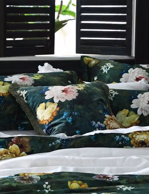 MM Linen Lorenza Square Velvet Cushion in Green Mix with Floral Design
