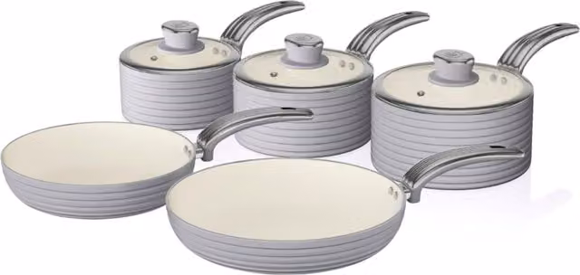 Swan 5 Piece Retro Ceramic and Aluminium Pan Set in Green and Grey