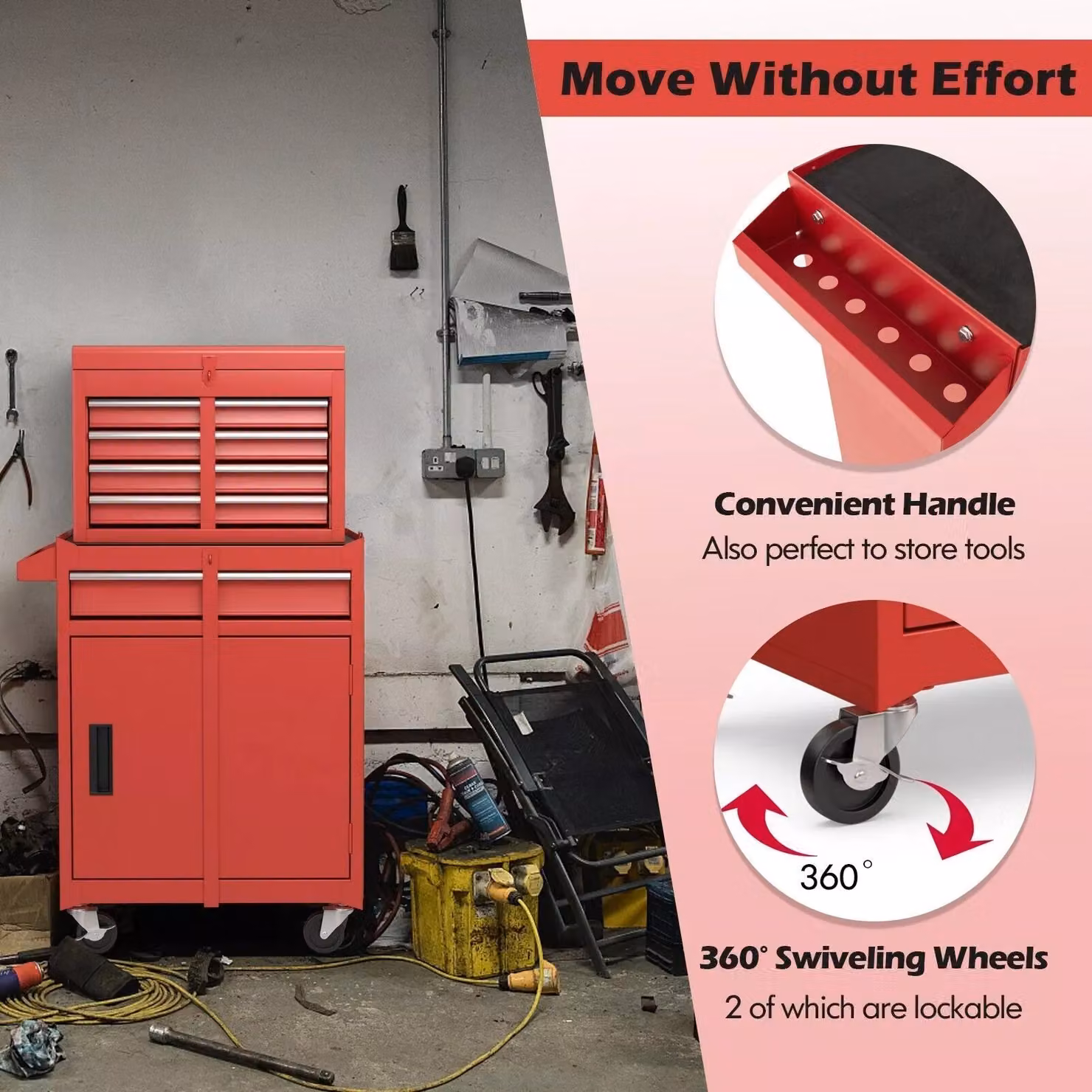 Costway 5-Drawer Rolling Tool Chest Metal Storage Cabinet with Lockable Wheels in Red – 4