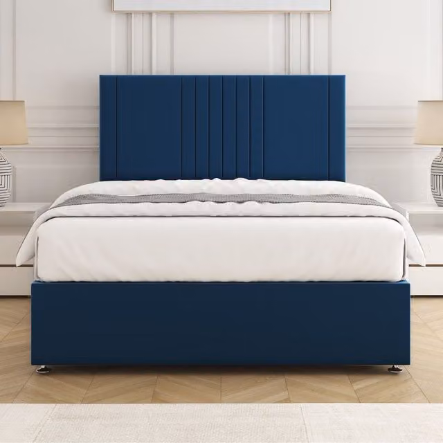 BSSPOKE Monaco Blue Velvet Plush Divan Bed Set with 24 inch Headboard and Mattress, King Size, W/D/H: 180 x 200 cm