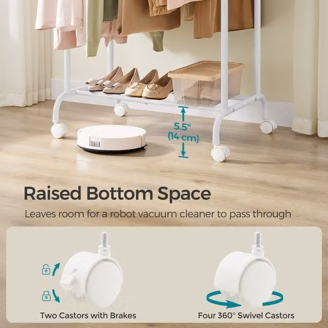 SONGMICS Extendable Double Clothes Rail on Wheels, White