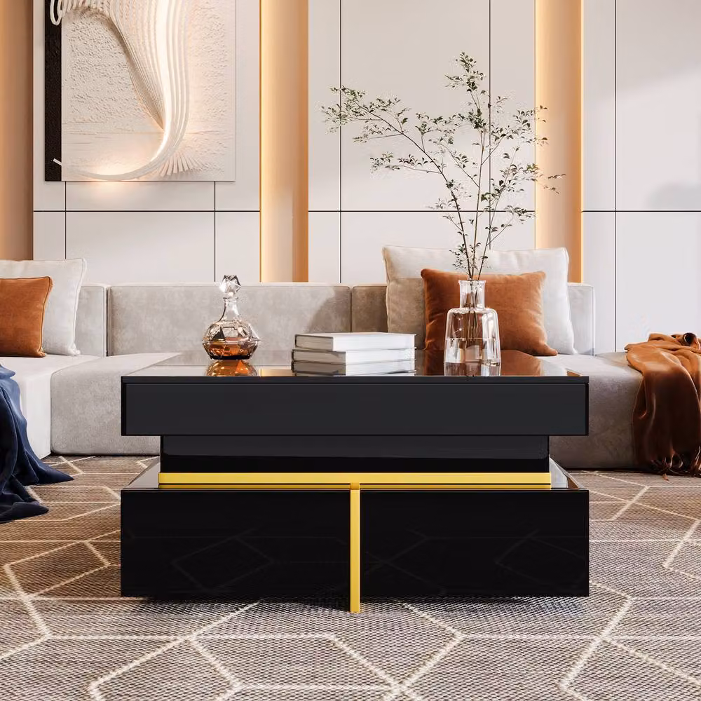 ModernLuxe Black and Gold Coffee Table with Drawers and Glossy Finish, W/D/H: 70 x 35.5 x 60 cm – 5