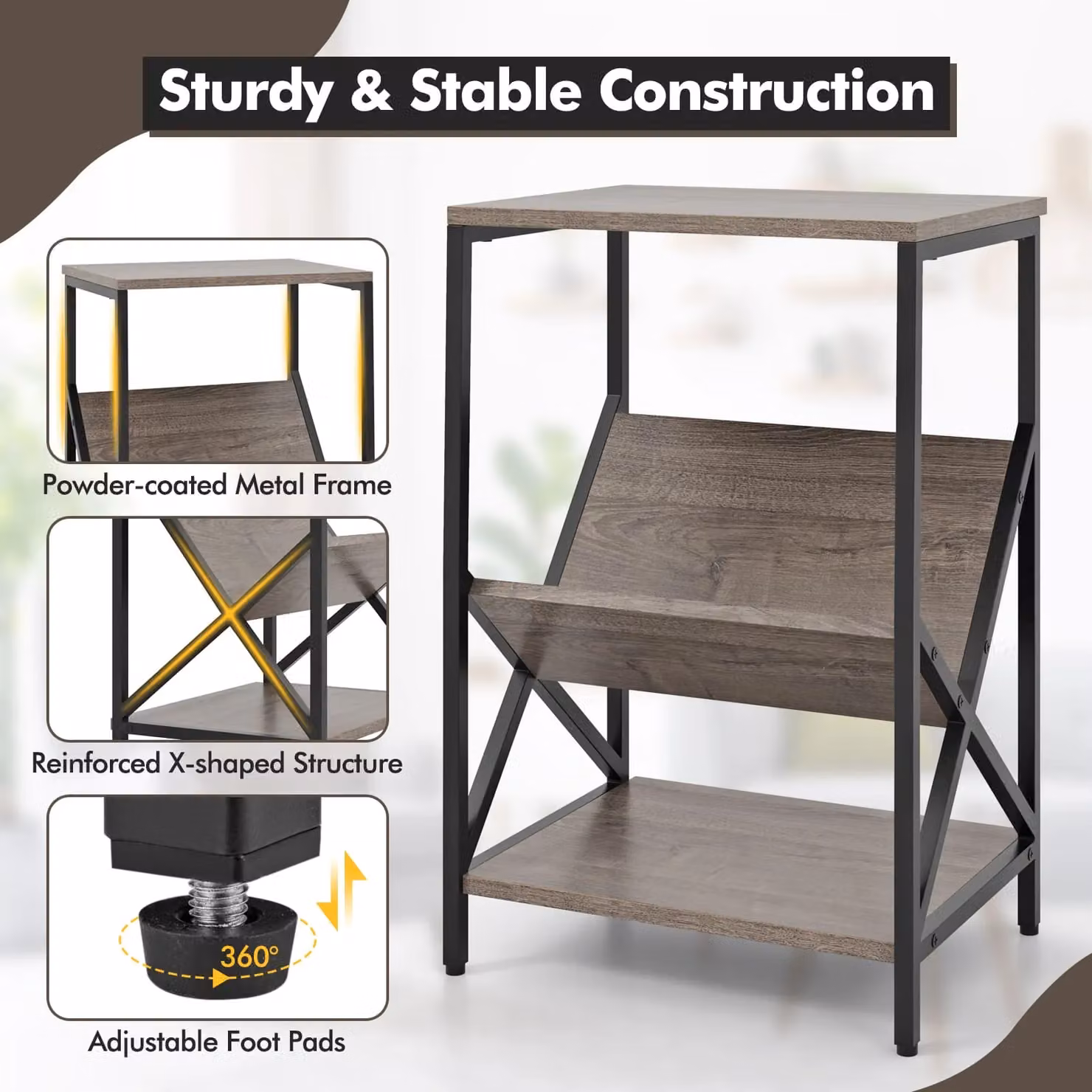 Costway 3-Tier Record Player Stand and Record Holder Shelf in Grey – 4