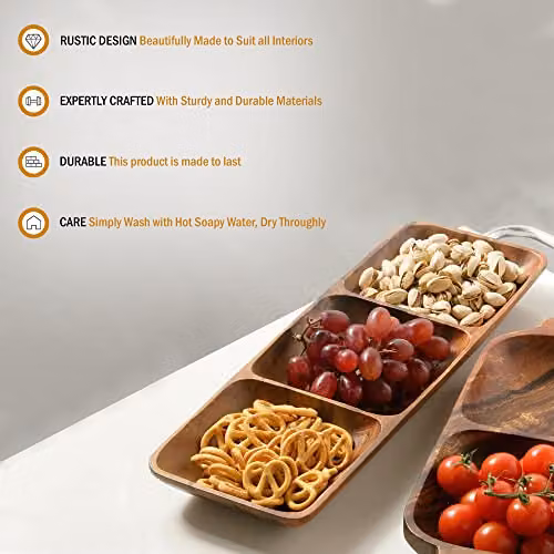 Premier Housewares 3-Section Rectangular Solid Wood Serving Dish, Brown, W: 40.0 cm, D: 14.0 cm, H: 4.0 cm – 6