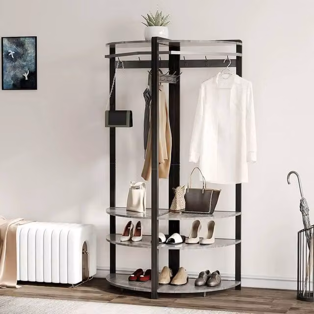 VOGREX 4-Tier Corner Coat Rack and Shoe Storage in Black – 1