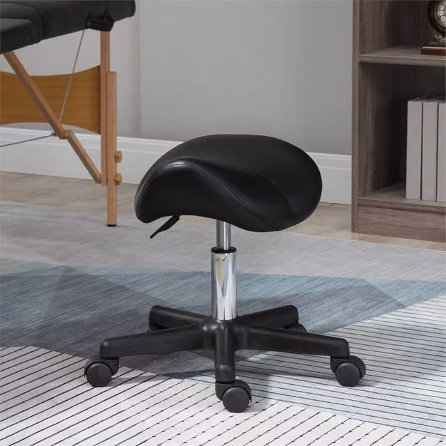 EONLION Black PU Leather Saddle Stool with Castors and Metal Frame