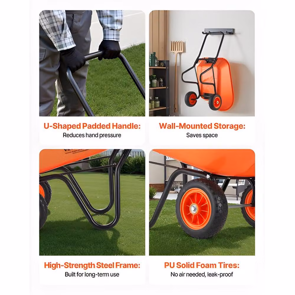 VEVOR Sturdy Metal Garden Dump Cart in Orange, 5 Cu Ft Capacity – 5