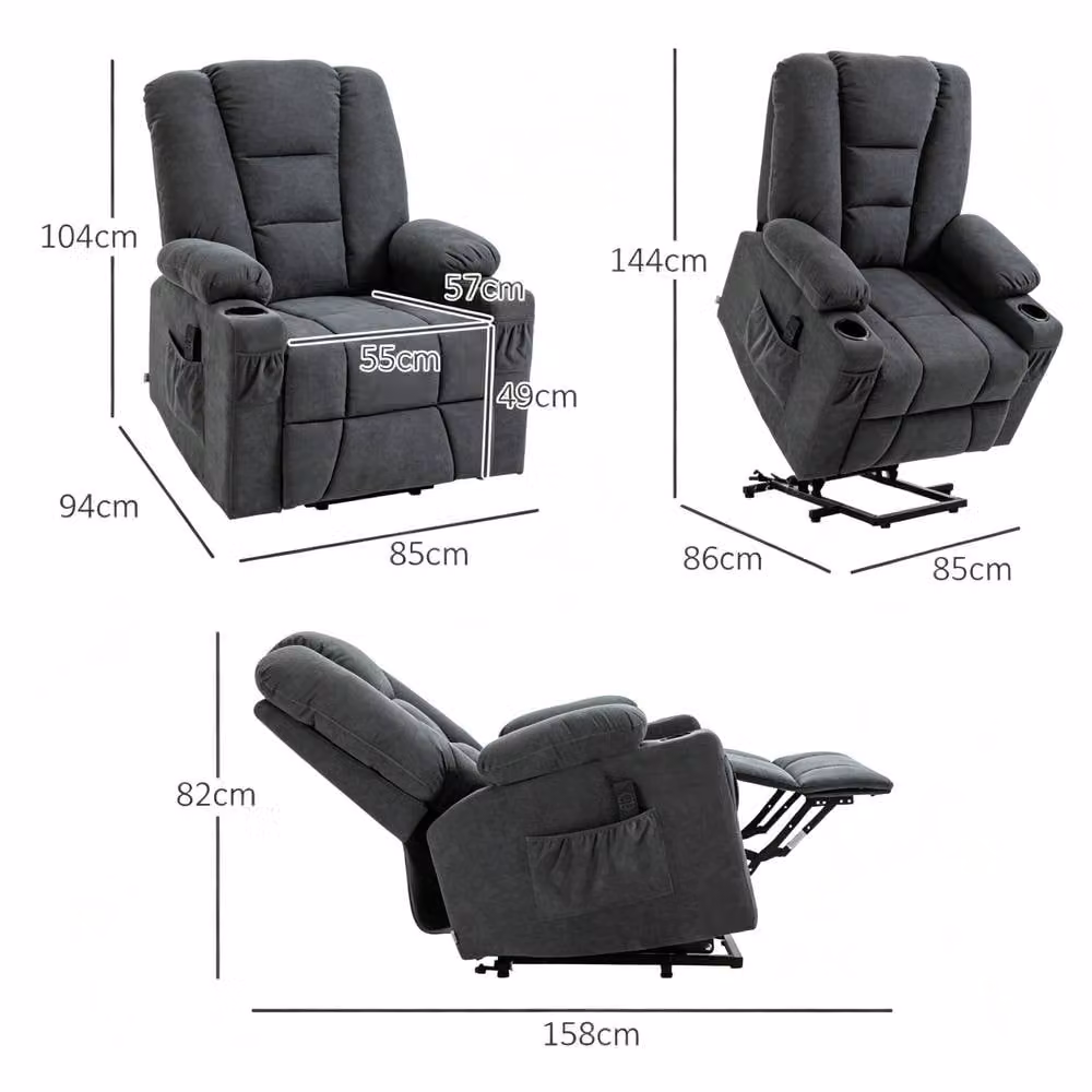 STILVORA Grey Fabric Riser Recliner Armchair with Footrest, Cup Holders and Powered Lift Assist – 2