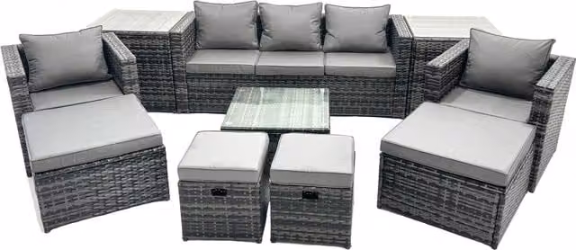 Fimous 9 Seater Patio Lounge Sofa Set with 2 Side Tables and 4 Footstools in Dark Grey – 1