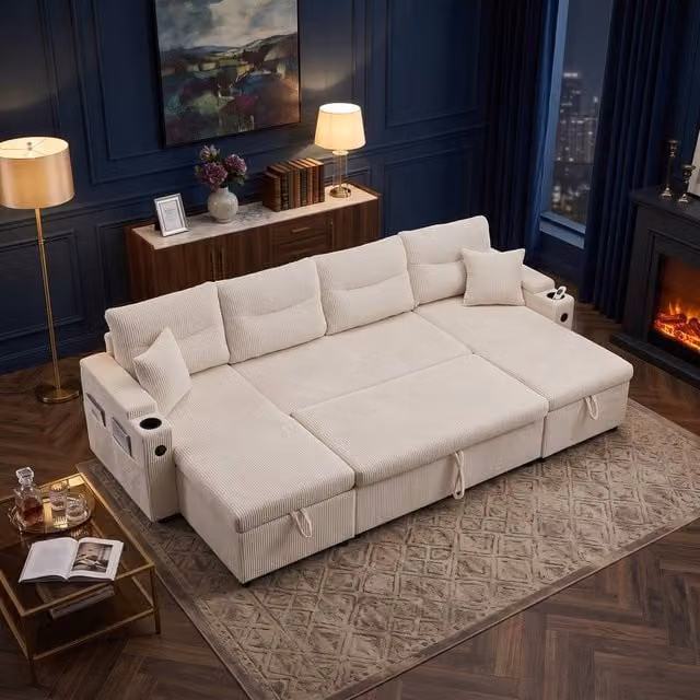 FENCHILIN 4-Seater L-Shape Pull-out Sofa Bed with Dual Storage Chaise Lounges and USB Charging, Beige Corduroy – 1