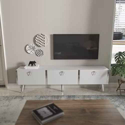 Decorotika Milagro Modern TV Cabinet in White and Silver, W: 180 cm – 1