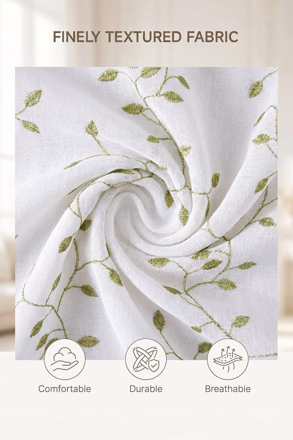 Living and Home White and Green Leaf Pattern Embroidered Semi-sheer Curtains, 2 Panels, W: 130 cm, H: 210 cm – 2