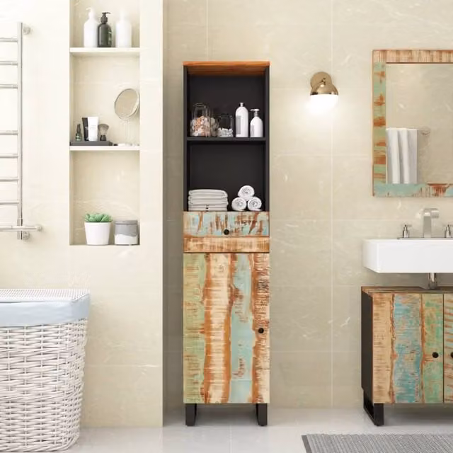 Berkfield Home Rustic Reclaimed Solid Wood Bathroom Cabinet, Multicolour, W/D/H: 38 x 33 x 160 cm