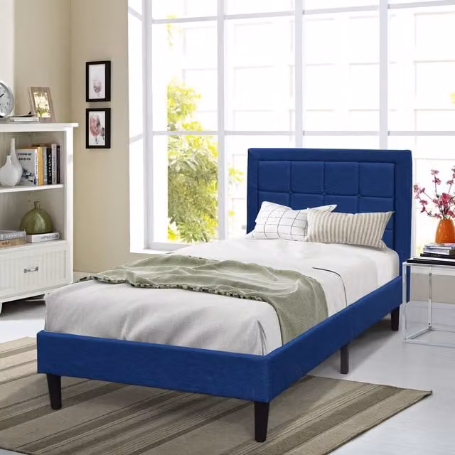 Comfy Living Upholstered Fabric Bed Frame with Buttoned Headboard in Grey and Blue, W/D/H: 90 x 190 cm