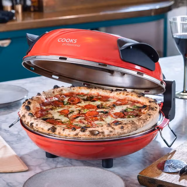 Cooks Professional Authentic Stone Baked Pizza Maker Oven with Timer in Red