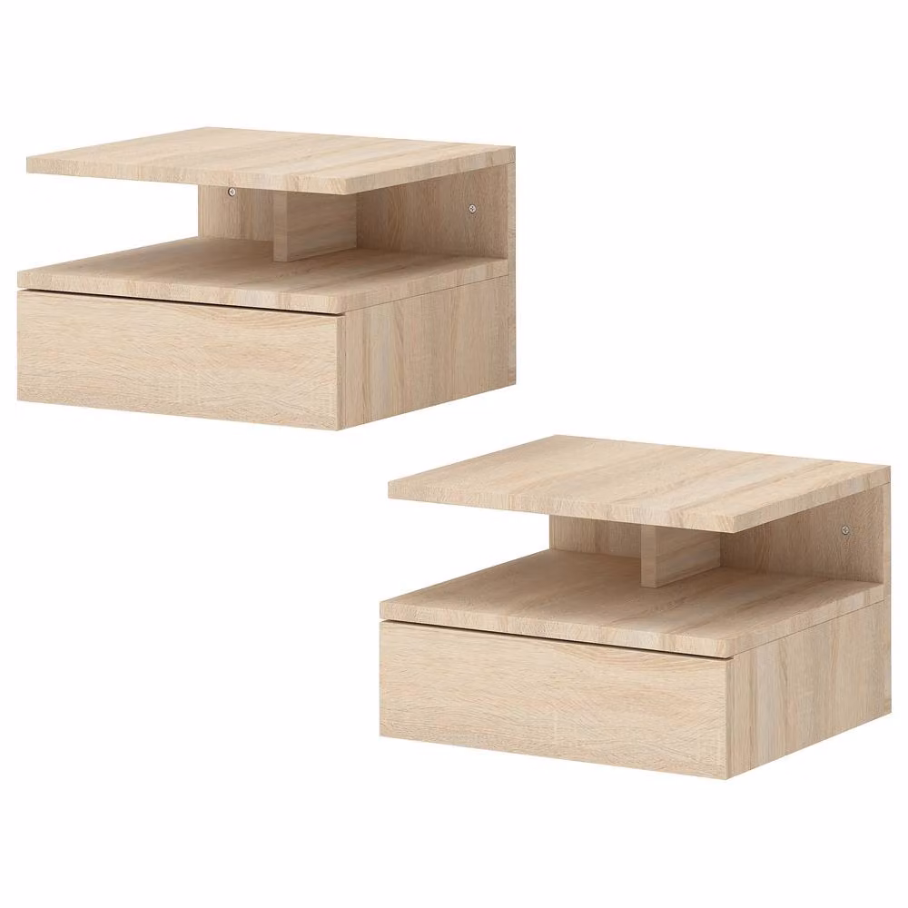 STILVORA Set of 2 Wall Mounted Floating Bedside Tables with Drawer and Shelf in Light Oak – 2