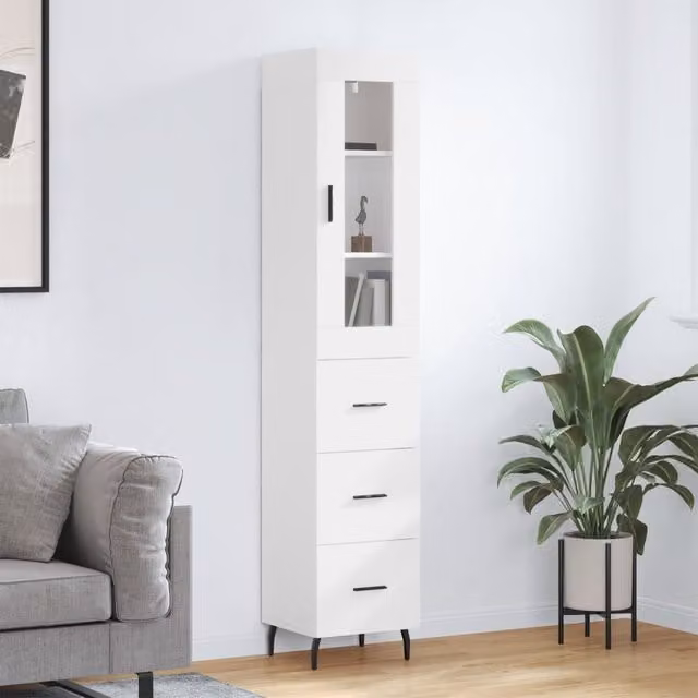 Berkfield Home Modern White Highboard with Glass Doors and Internal Shelves, W/D/H: 34.5 x 34 x 180 cm
