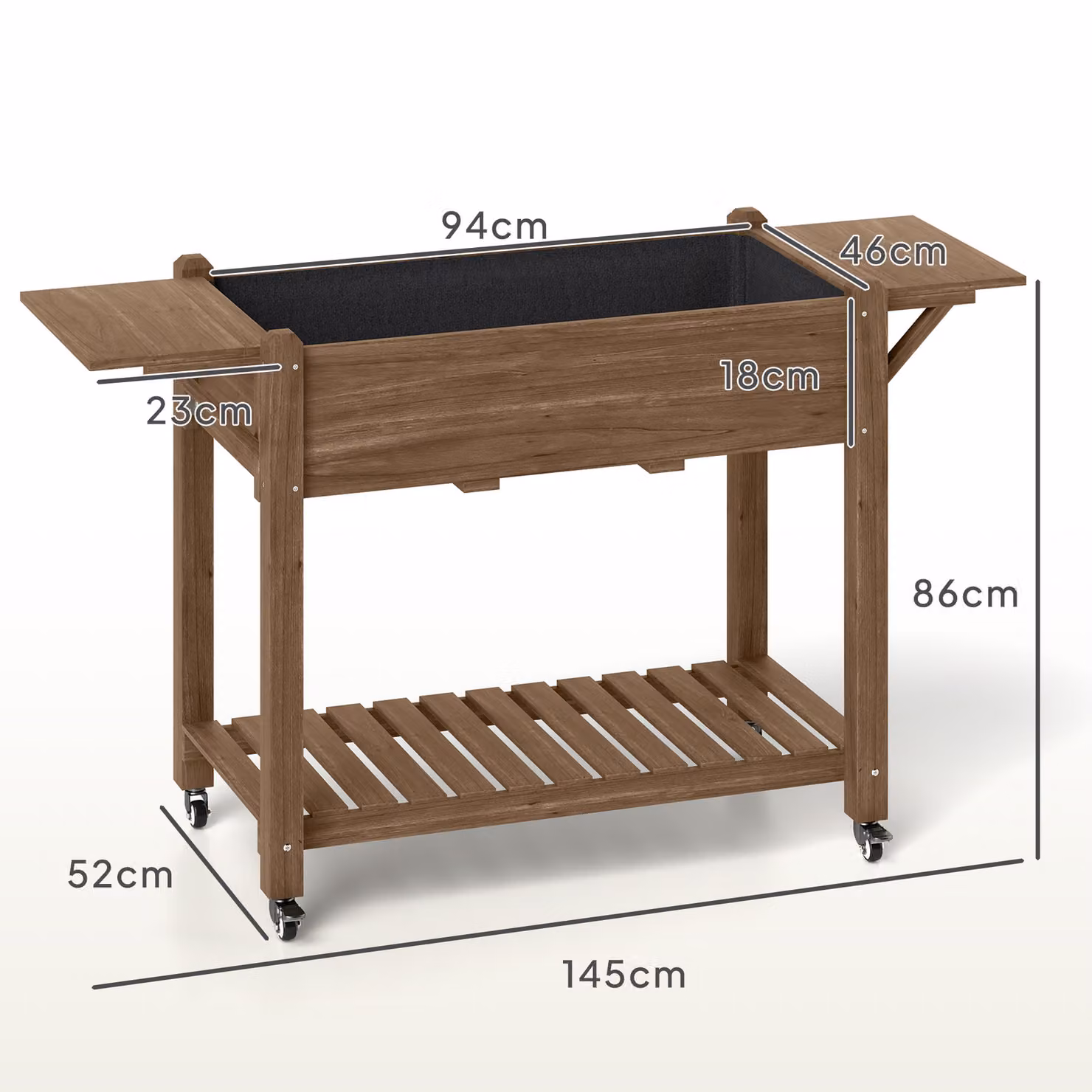 Outsunny Brown Carbonised Wooden Raised Garden Bed with Lockable Wheels, Side Tables and Bottom Shelf, W/D/H: 145 x 86 x 46 cm – 3