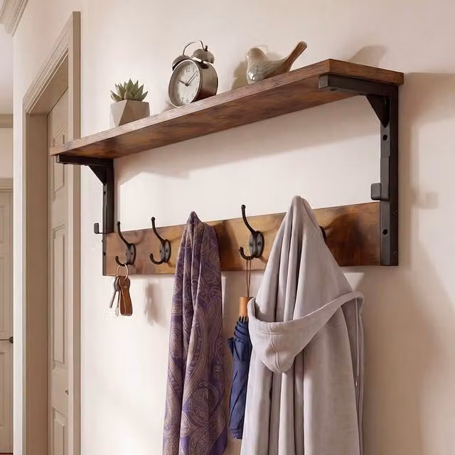 Levede Wall Mounted Wooden Coat Rack with 7 Hooks and Shelf, Brown and Black, W: 70 cm, D: 25 cm, H: 7 cm