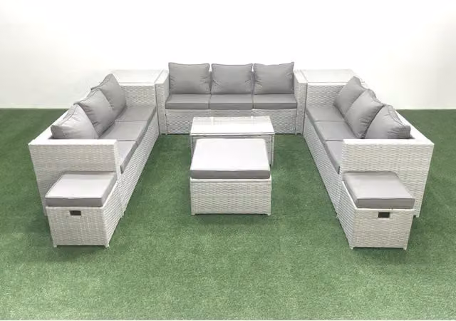 Fimous 12-Seater Rattan Outdoor Sofa Set with Tempered Glass Table and Cushions in Light Grey and Dark Grey