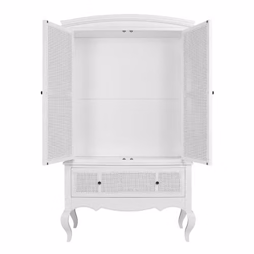 Louis Large White Wooden Double Wardrobe with Rattan Cane Doors and Drawer, W: 126 cm, H: 216 cm, D: 65 cm – 2