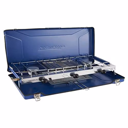 Campingaz Chef Folding Double Burner Stove and Grill, Blue Tabletop Gas Cooker with Piezo Ignition
