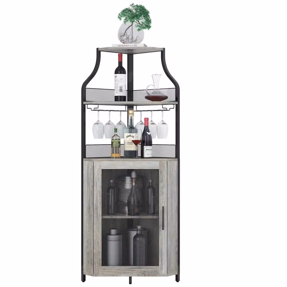 VOGREX Corner Wine Bar Cabinet with Drawer and Storage Shelves in Black and Multicolour, H 152.4 cm x W 47.0 cm x D 46.99 cm – 3